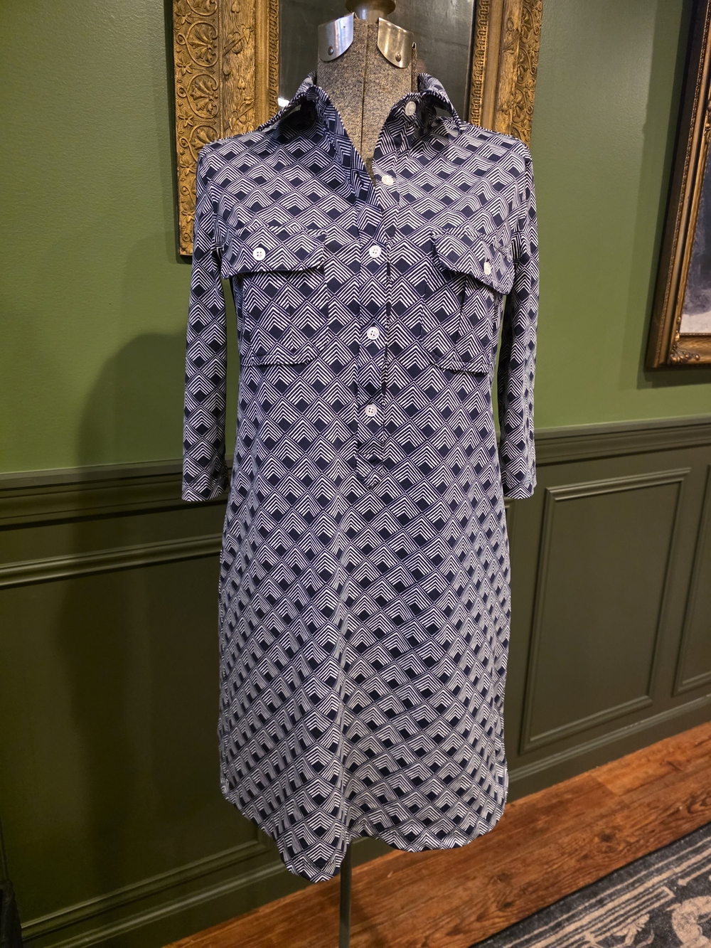 Navy Geometric Midi Shirt Dress with Button Front